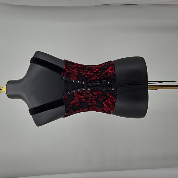 Frederick's of Hollywood Black Red Velvet Corset Eyehook Closure Lace-up Medium - Picture 6 of 11